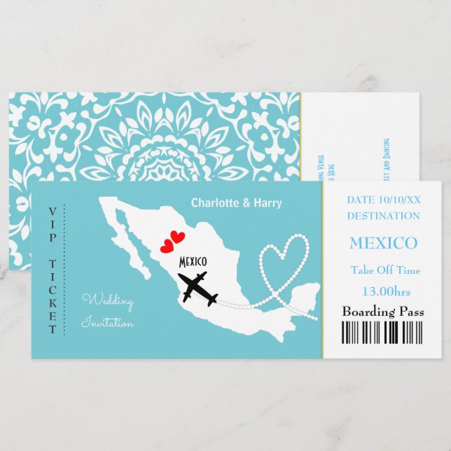Ticket Boarding Pass Wedding Destination Mexiko Einladung (Vorne/Hinten)