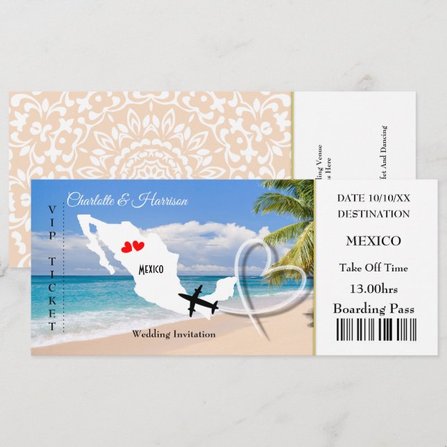 Ticket Boarding Pass Wedding Destination Mexiko Einladung (Vorne/Hinten)