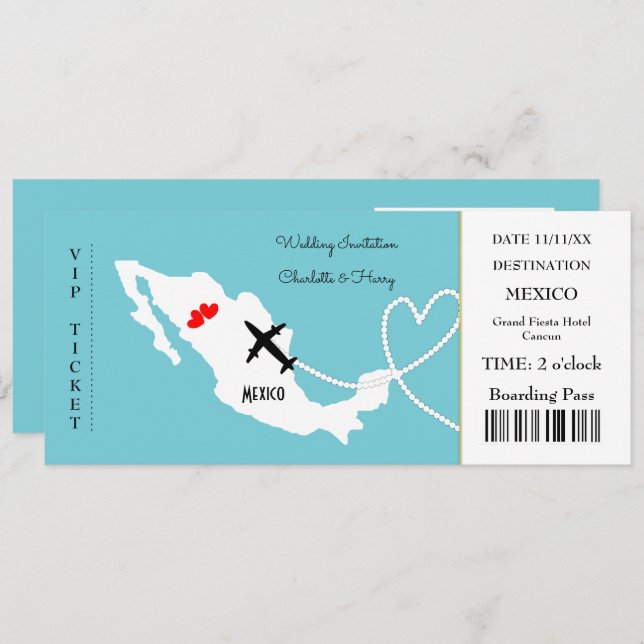 Ticket Boarding Pass Wedding Destination Mexiko Einladung (Vorne/Hinten)