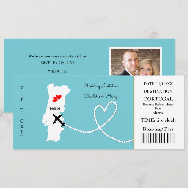 Ticket Boarding Pass Wedding Destination Portugal Einladung (Vorne/Hinten)