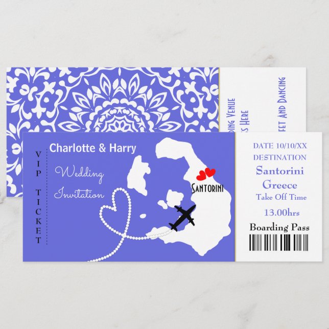 Ticket Boarding Pass Wedding Destination Santorini Einladung (Vorne/Hinten)