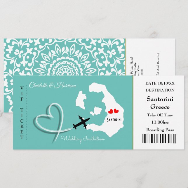 Ticket Boarding Pass Wedding Destination Santorini Einladung (Vorne/Hinten)