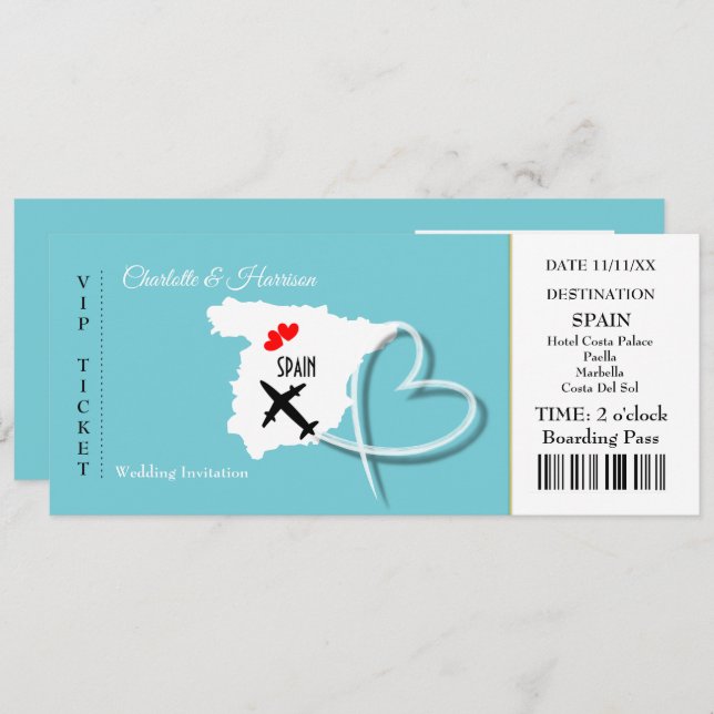 Ticket Boarding Pass Wedding Destination Spanien Einladung (Vorne/Hinten)