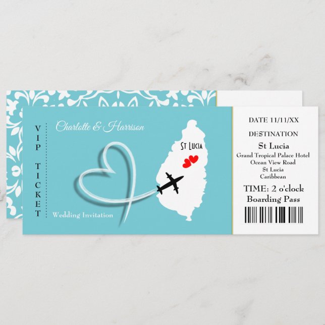 Ticket Boarding Pass Wedding Destination St Lucia Einladung (Vorne/Hinten)