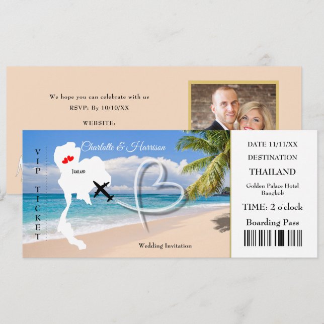 Ticket Boarding Pass Wedding Destination Thailand Einladung (Vorne/Hinten)