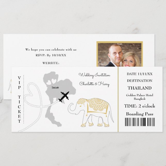 Ticket Boarding Pass Wedding Destination Thailand Einladung (Vorne/Hinten)