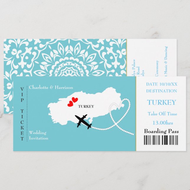Ticket Boarding Pass Wedding Destination Türkei Einladung (Vorne/Hinten)