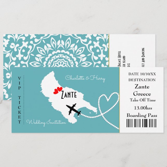 Ticket Boarding Pass Wedding Destination Zante Einladung (Vorne/Hinten)