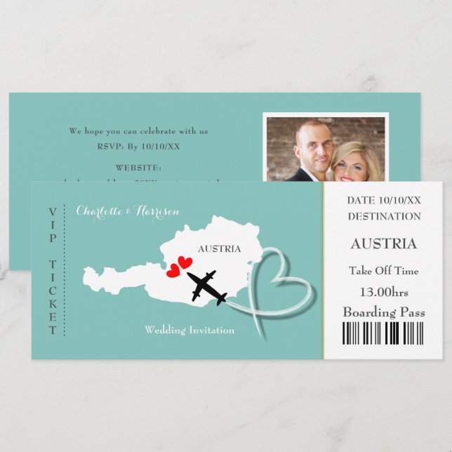 Ticket Boarding Pass Zielort Österreich Foto Einladung (Vorne/Hinten)