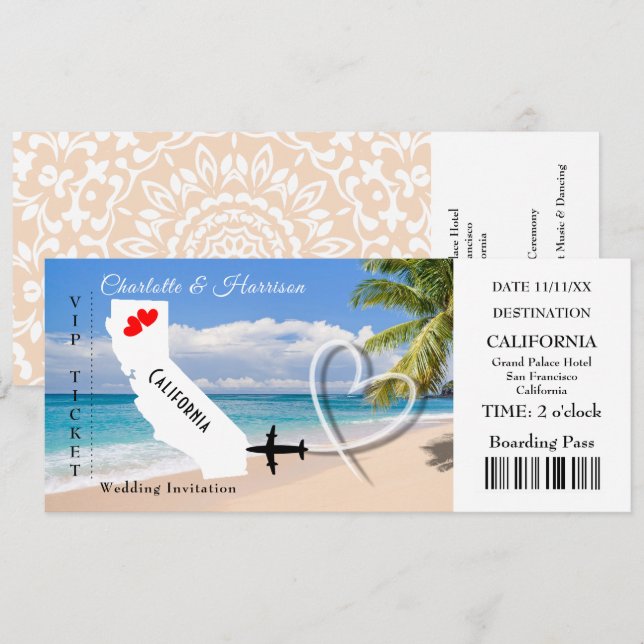 Ticket BoardingPass Wedding Destination California Einladung (Vorne/Hinten)