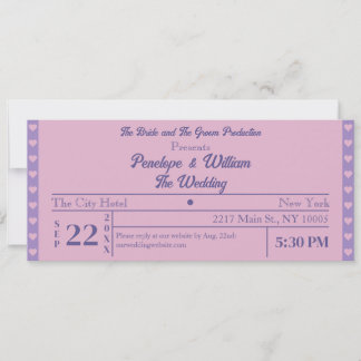Ticket Einfache Retro Stil Lila Hochzeit Einladung