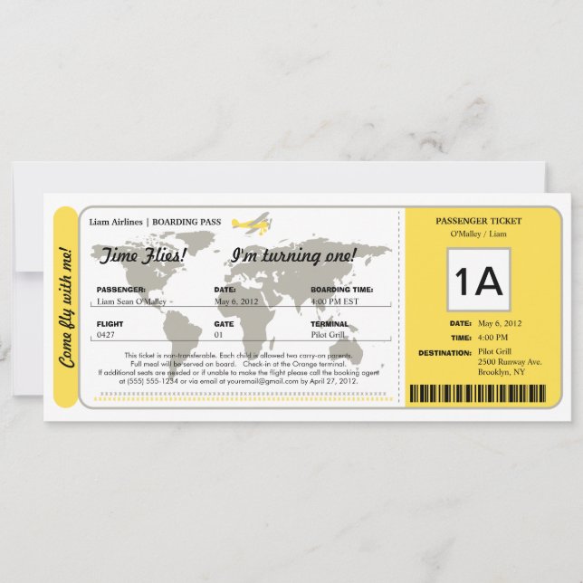 Ticket für den World Map Birthday Boarding Pass Einladung (Vorderseite)