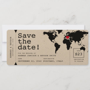 Ticket für Retro-Schreibmaschine World Map Boardin Save The Date