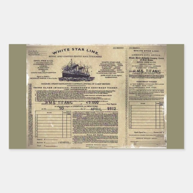 Ticket für RMS Titanic 1912 Rechteckiger Aufkleber (Vorderseite)