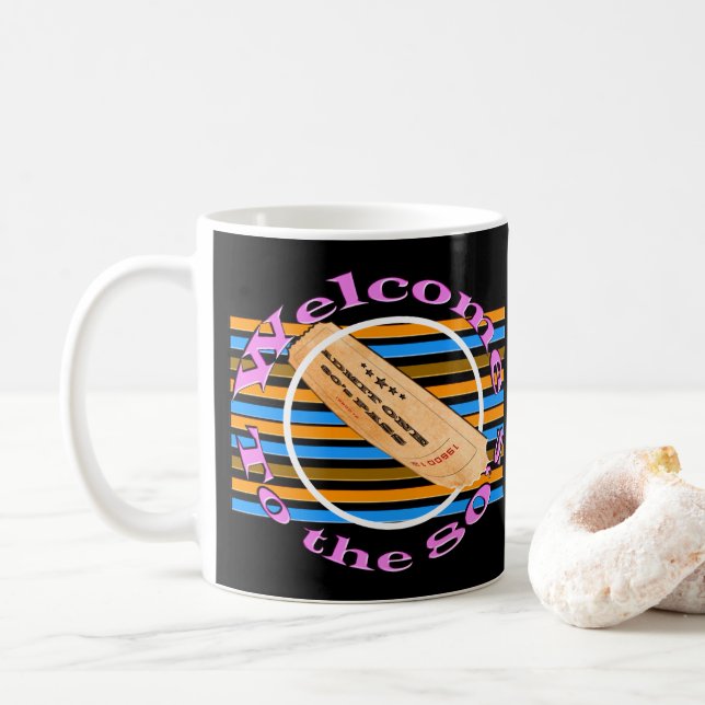Ticket in die 80er Jahre einräumen Kaffeetasse (Mit Donut)