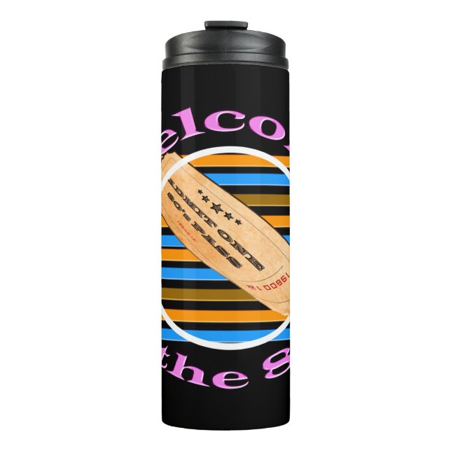 Ticket in die 80er Jahre einräumen Thermosbecher (Vorderseite)