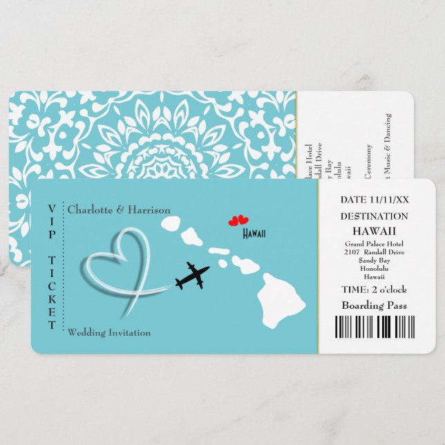 Ticket Pass Wedding Destination Hawaii Einladung (Vorne/Hinten)