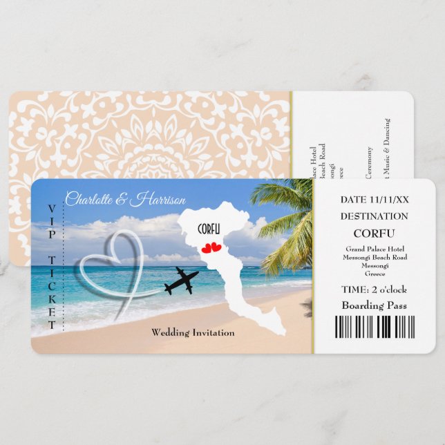 Ticket Pass Wedding Destination Korfu Einladung (Vorne/Hinten)