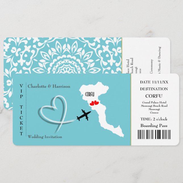 Ticket Pass Wedding Destination Korfu Einladung (Vorne/Hinten)