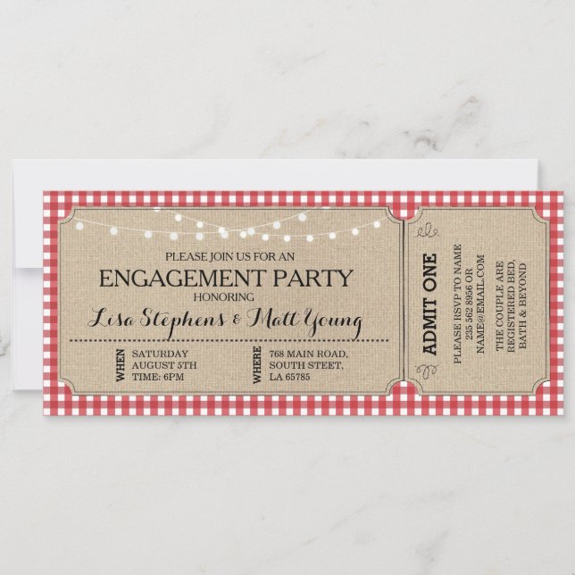 Ticket Roter Karo Rustikale Einladung (Vorderseite)