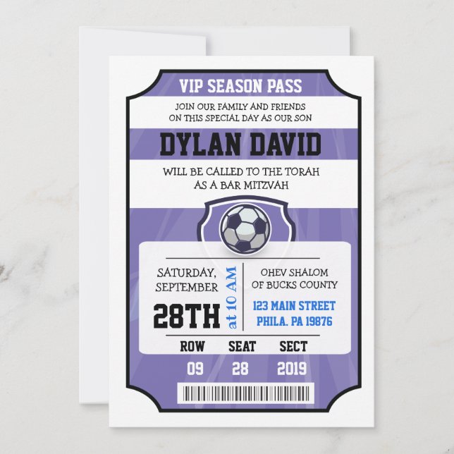 TICKET VIP FOOTBALL Purple Bat mitzvah Invitation (Devant)