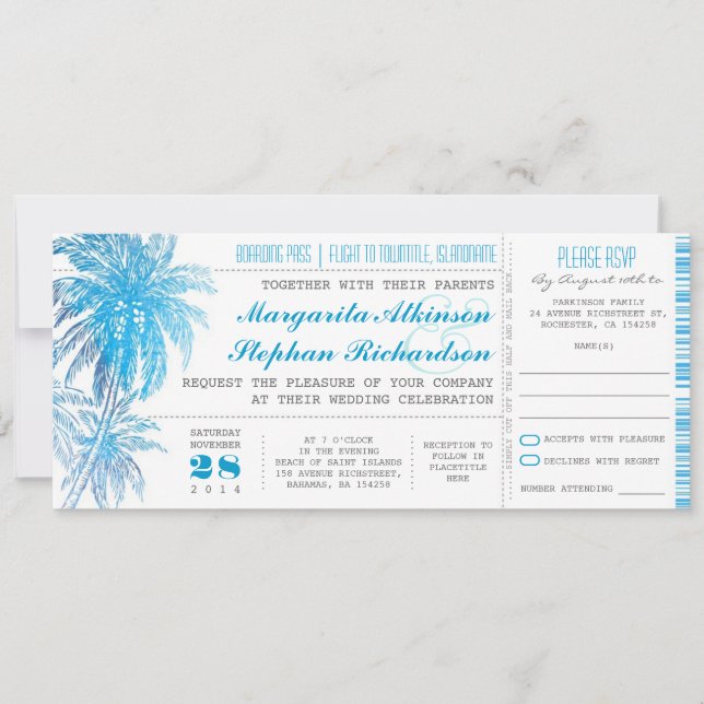 Tickets für die türkisfarbene Hochzeit in Urlaubso Einladung (Vorderseite)
