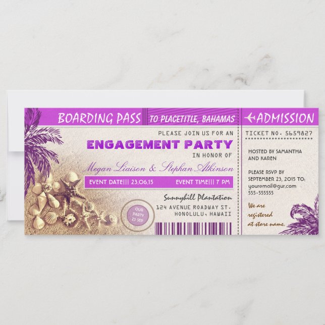 Tickets für lila Boarding-Pass-Tickets für die Eng Einladung (Vorderseite)