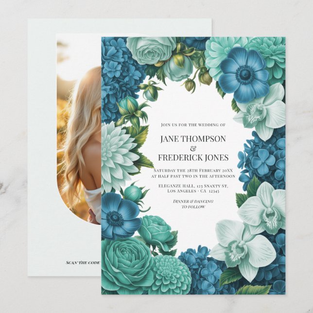 Tidal Blue, Seafoam Drift & Cloud Mint Hochzeit Einladung (Vorne/Hinten)