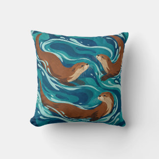 Tidal Otters in fließenden Teal- und Blauströmunge Kissen