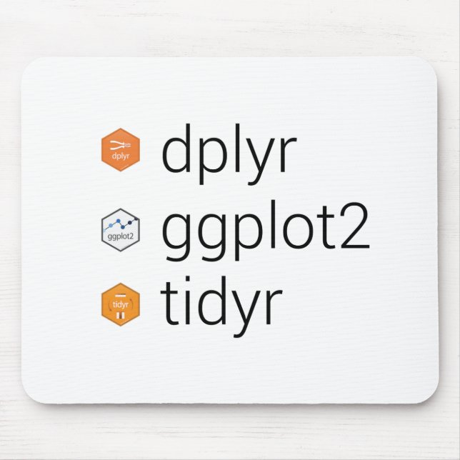 Tidyverse Bibliotheken: dplyr, ggplot2, tidyr Mousepad (Vorne)