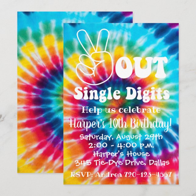 Tie Dye Invitation 10e anniversaire Paix dehors (Devant / Derrière)