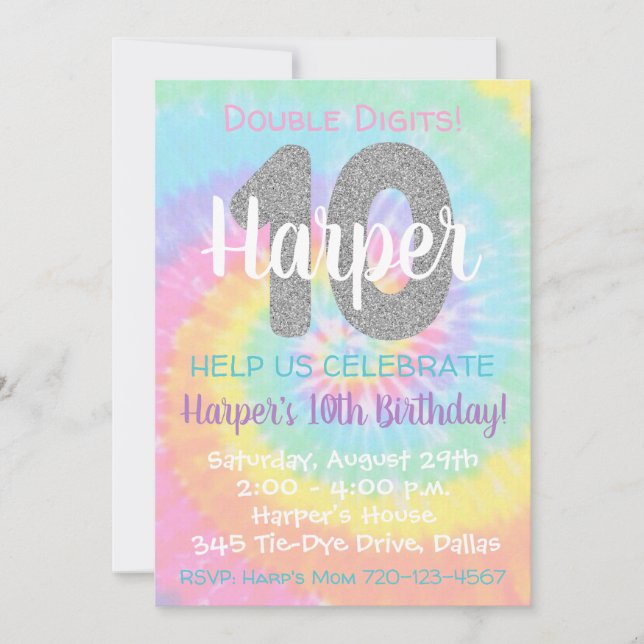 Tie Dye Invitation anniversaire 10e anniversaire (Devant)