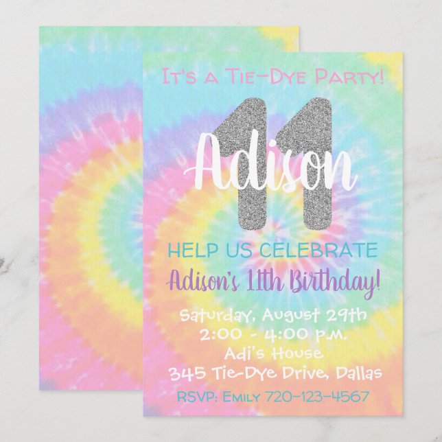 Tie Dye Invitation anniversaire 11e anniversaire (Devant / Derrière)