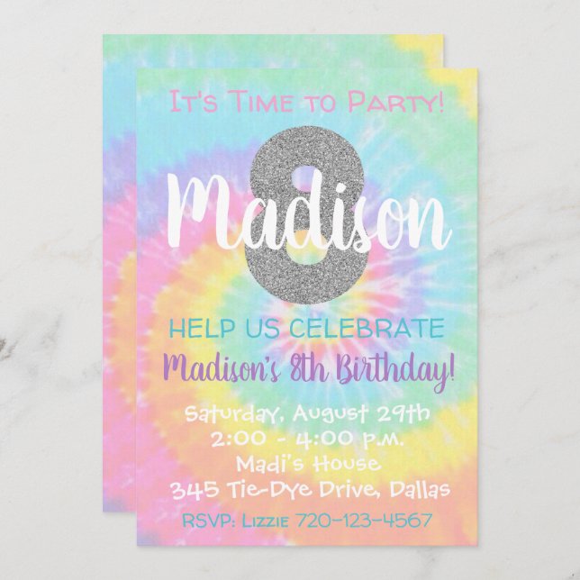 Tie Dye Invitation Anniversaire 8e Anniversaire (Devant / Derrière)