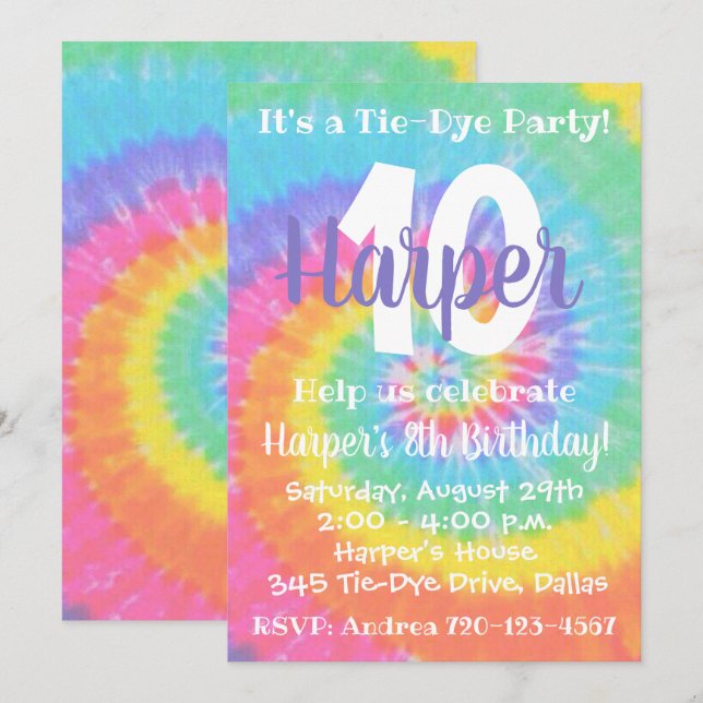 Tie Dye Invitation Anniversaire Tie Dye Invitation (Devant / Derrière)