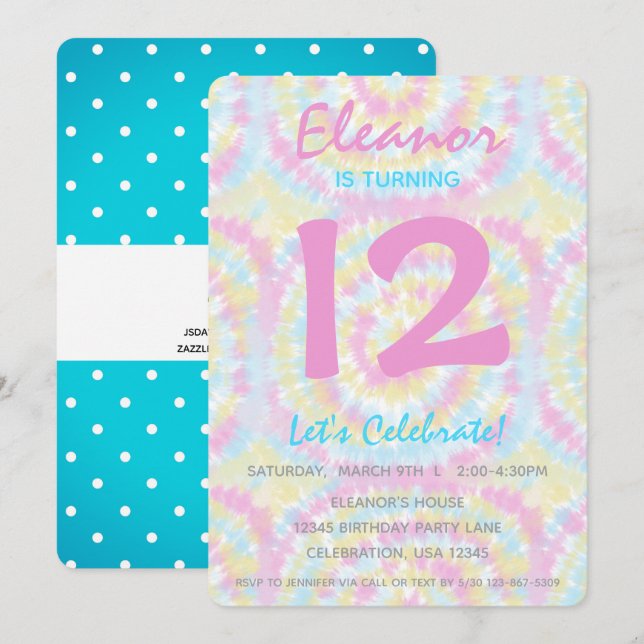 Tie Dye Pastel Fille Anniversaire Fête Invitation (Devant / Derrière)