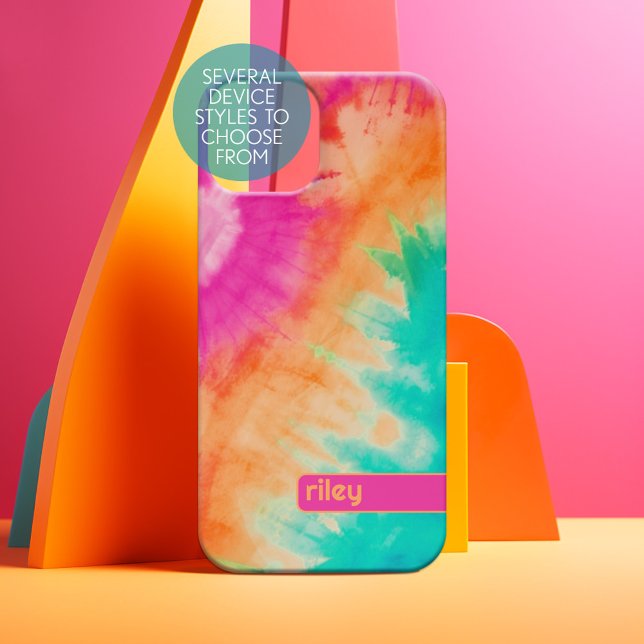 Tie Dye Pattern Hot Pink Orange Teal - custom name iPhone 15 Hülle (Personalized Phone Case)