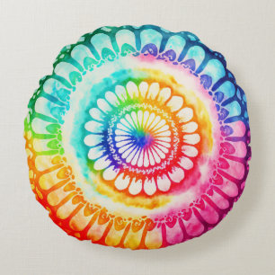 Tie Dye Regenbogenfarben Retro Hippie Groovy  Rundes Kissen