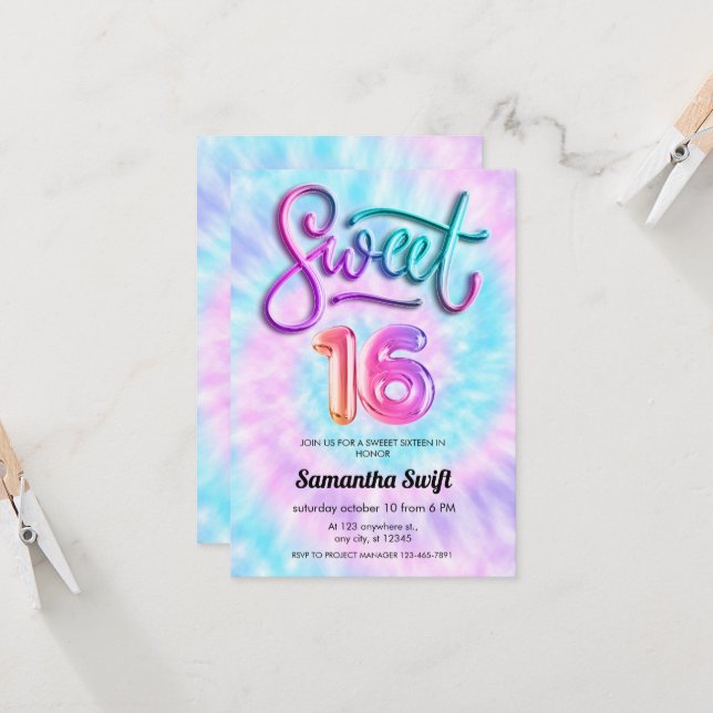 Tie Dye Sweet sixteen invitations (Devant/Arrière en situation)