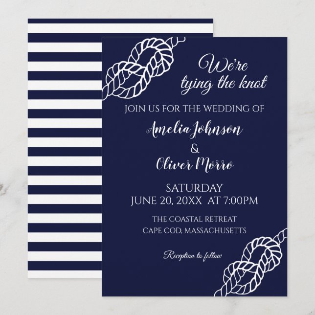 Tied The Knot Nautical Rope White Navy Wedding Einladung (Vorne/Hinten)