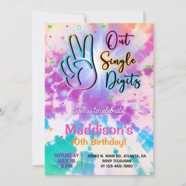 TieDye aus Single Ziffern Girl Birthday einladen. Einladung (Vorderseite)