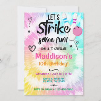 TieDye Bowling Streik Girl Birthday einladen. Einladung