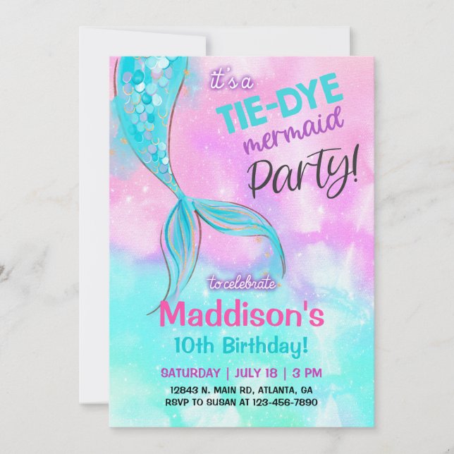 TieDye sirène fille invitation anniversaire. (Devant)