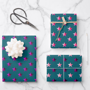 Tief Aquamarine blaurosa violette Lila Sterne Geschenkpapier Set