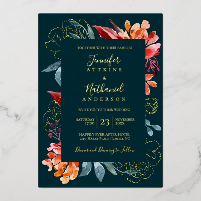 Tief Aquamarine Rost Orange-Hochzeit im Herbst Folieneinladung (Vorderseite)