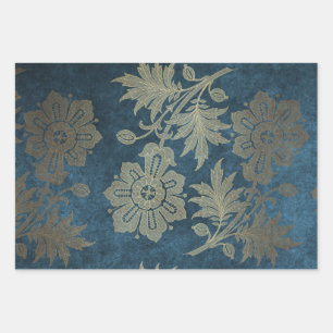 Tief blaue und leichte Gold-Blume Geschenkpapier Set