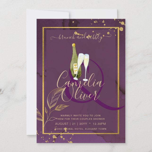 TIEF LILA GOLD-BLÄTTER Einladung Hochzeit (Vorderseite)