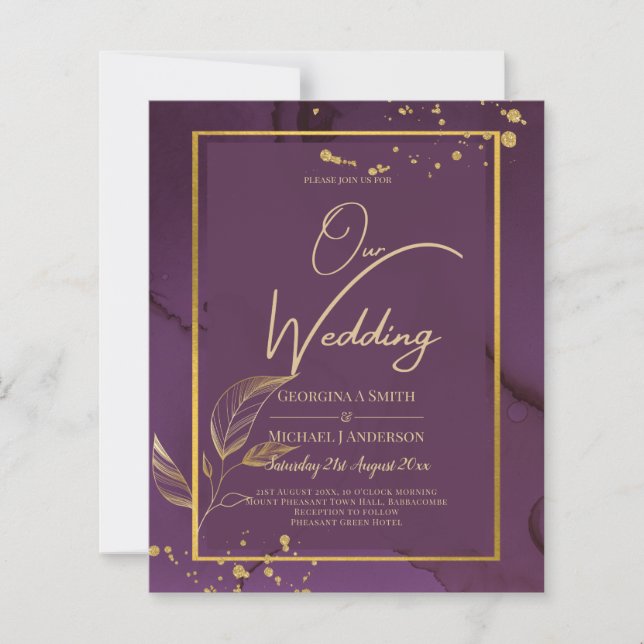 TIEF LILA GOLD-BLÄTTER Einladung Hochzeit (Vorderseite)