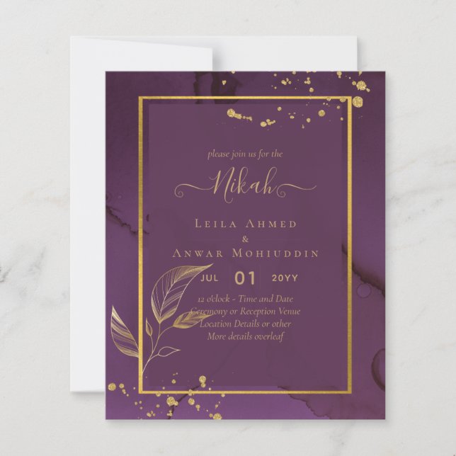 TIEF LILA GOLD-BLÄTTER Einladung Hochzeit (Vorderseite)