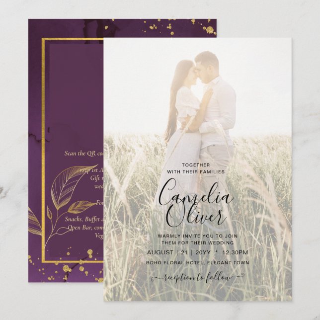TIEF LILA GOLD-BLÄTTER Einladung Hochzeit (Vorne/Hinten)
